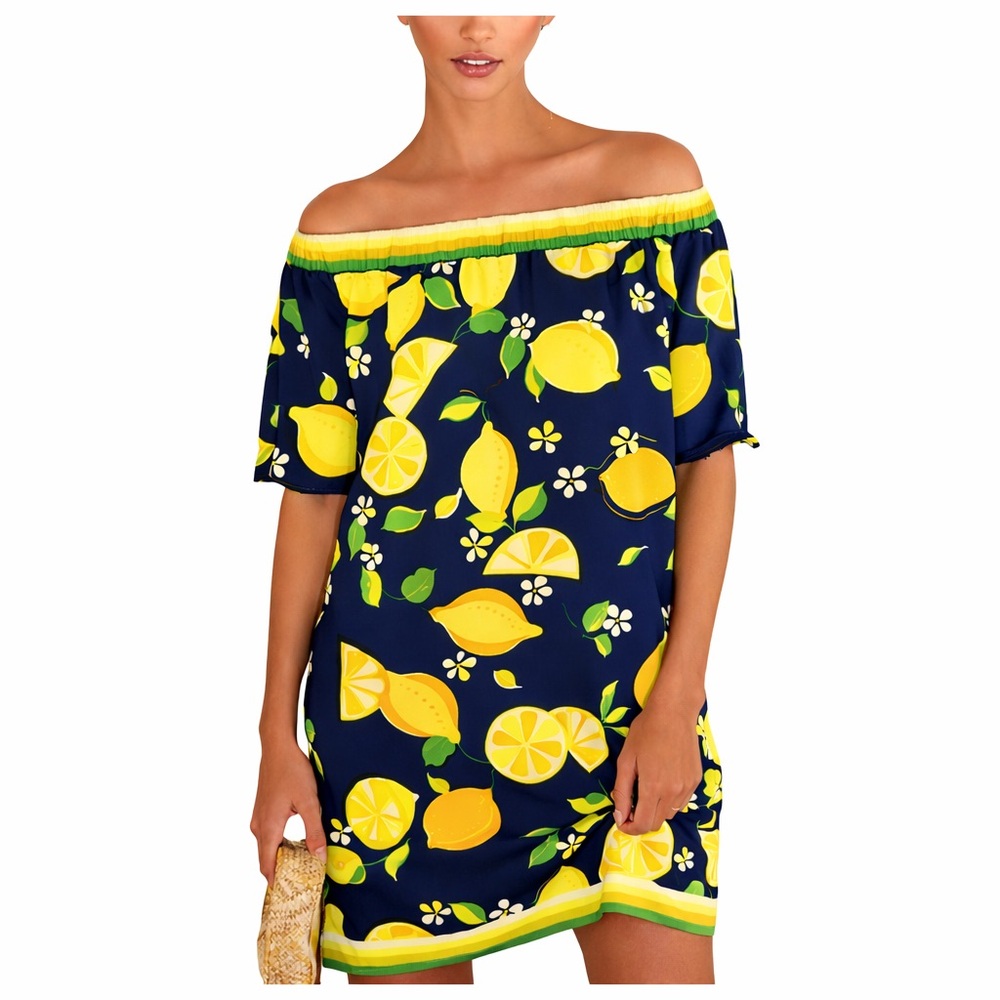 Trina Turk Kelso Lemon Print Off the Shoulder Dress Navy Yellow Small NWT - Picture 7 of 9